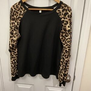 ME Makeover Essentials Black Top with Leopard Print Sleeves